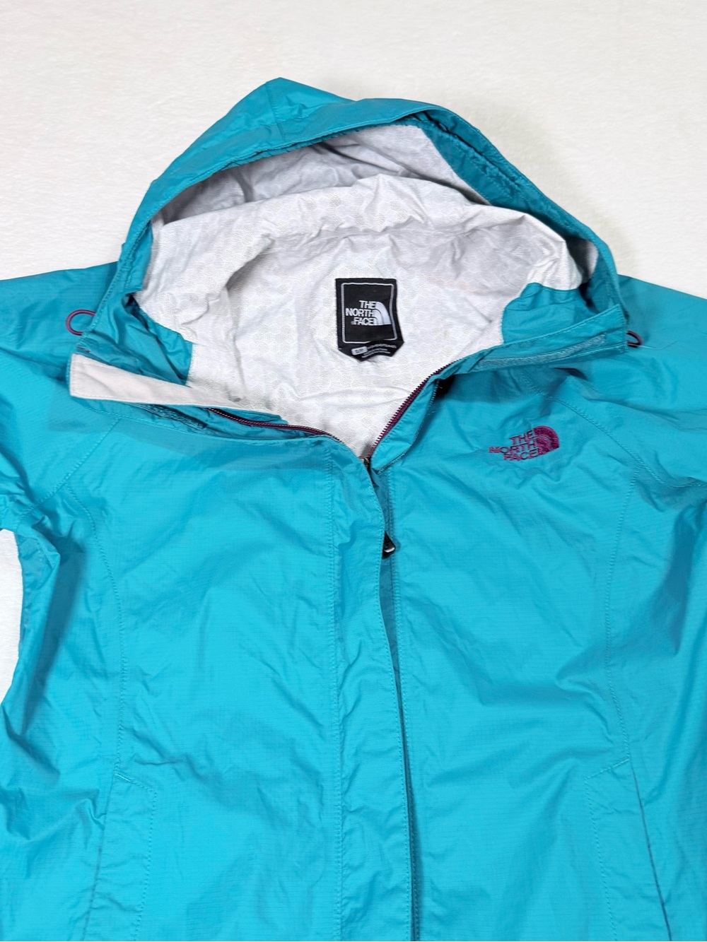 The North Face Women's Teal Hooded Shell Jacket with Purple Logo - Size S